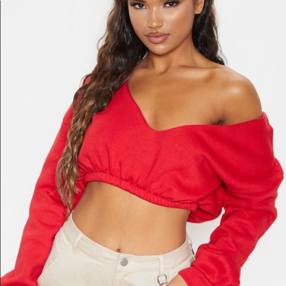 PLT Red Crop Off Shoulder Sweater